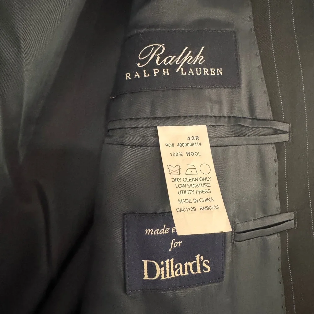 Ralph Lauren Mens 42R Pinstripe Wool Suit Jacket Blazer Navy Blue 3 Button